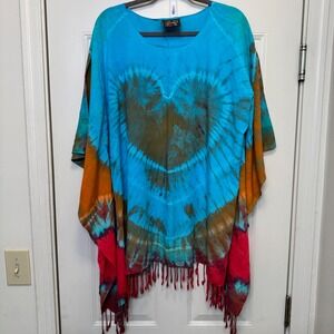 Vtg Caribelle Batik Womens Festival Hippie Poncho OS Heart Tie Dye Fringe Boho